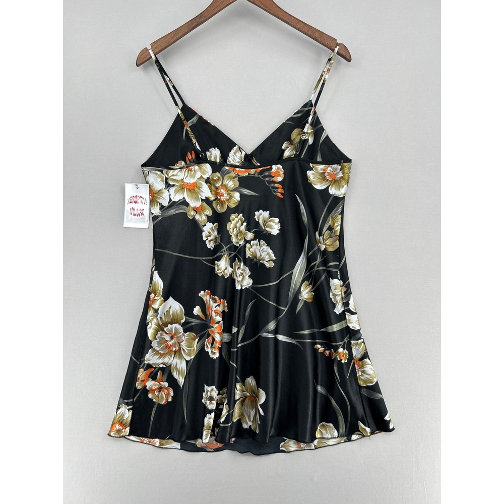 Black Floral Satin Slip Dress V-Neck Adjustable Straps Womens Medium - Picture 11 of 16